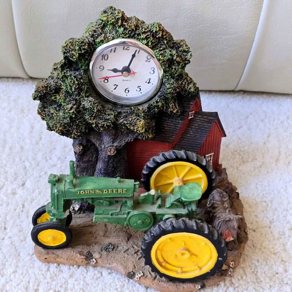 John Deere Farm Scene Mantel Clock Tractor Barn Dogs Resin Decor